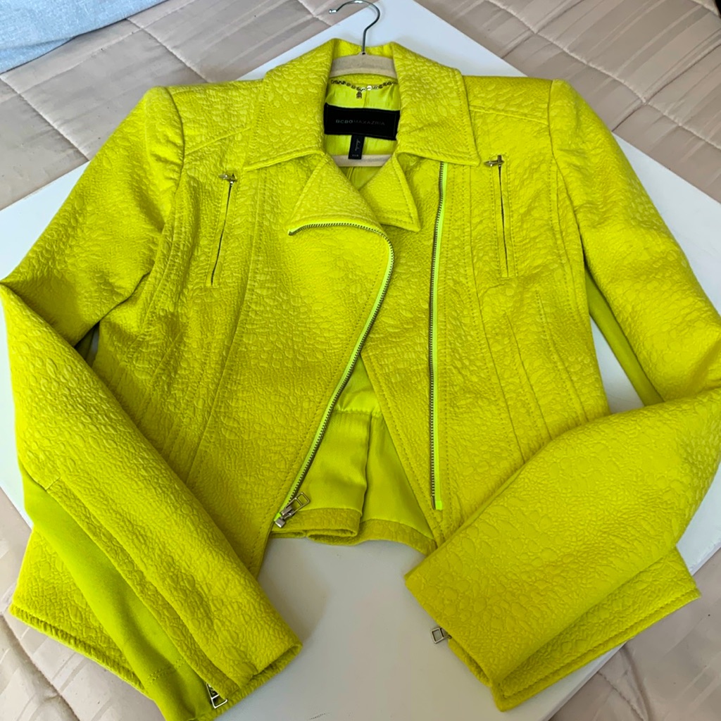 Bcbg Lime Neon Chartreuse Highlighter Yellow Crop Cropped Moto Jacket Blazer